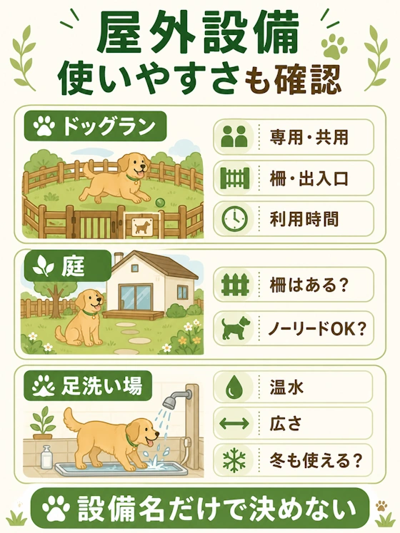 ドッグラン・庭・足洗い場の確認ポイント
