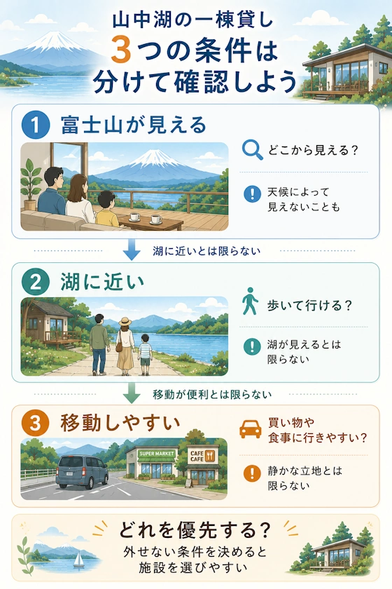 富士山ビュー・湖への近さ・移動の便利さの違い